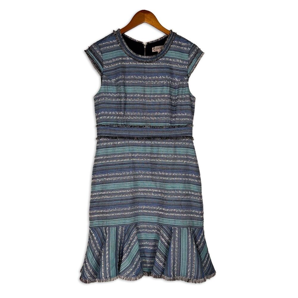 Nanette Lepore Blue Tweed Fringe Mermaid Dress Size 8 Cocktail Office Y2K